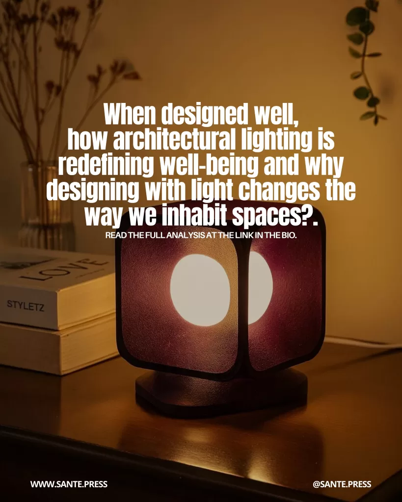 Lámpara de mesa moderna con dos luces circulares sobre un escritorio junto a libros y decoración minimalista. Texto: “How architectural lighting is redefining well-being and changing the way we inhabit spaces.”