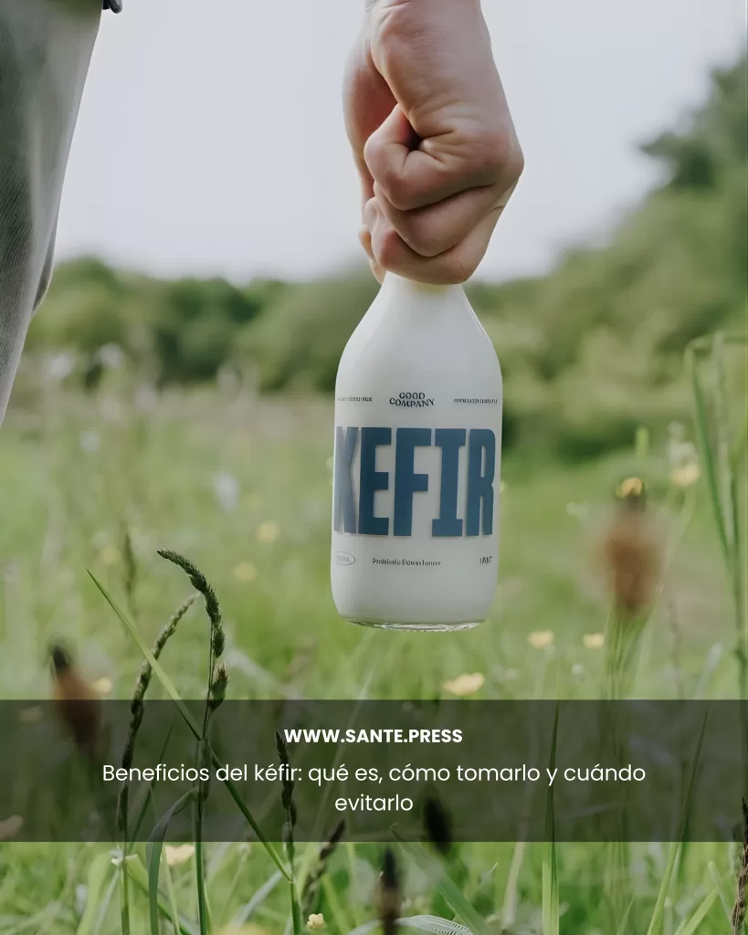 Mano sosteniendo una botella blanca de kéfir en un campo verde. Texto: “Beneficios del kéfir: qué es, cómo tomarlo y cuándo evitarlo – www.sante.press”