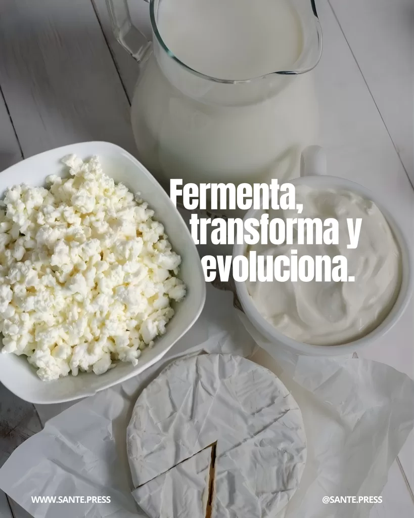 Vista superior de productos fermentados como kéfir, yogur y queso blando sobre mesa blanca. Texto: “Fermenta, transforma y evoluciona.”
