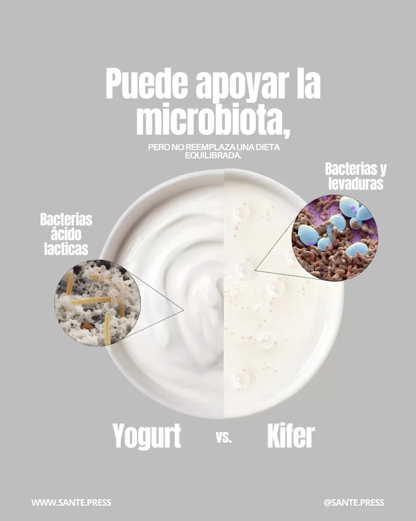 Imagen comparativa de yogur y kéfir con gráficos de bacterias y levaduras. Texto: “Puede apoyar la microbiota, pero no reemplaza una dieta equilibrada. Yogurt vs. Kéfir.”