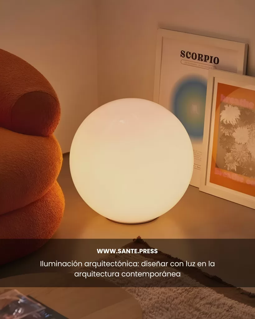 Lámpara esférica blanca iluminando una mesa junto a objetos decorativos y cuadros en una esquina cálida del hogar.