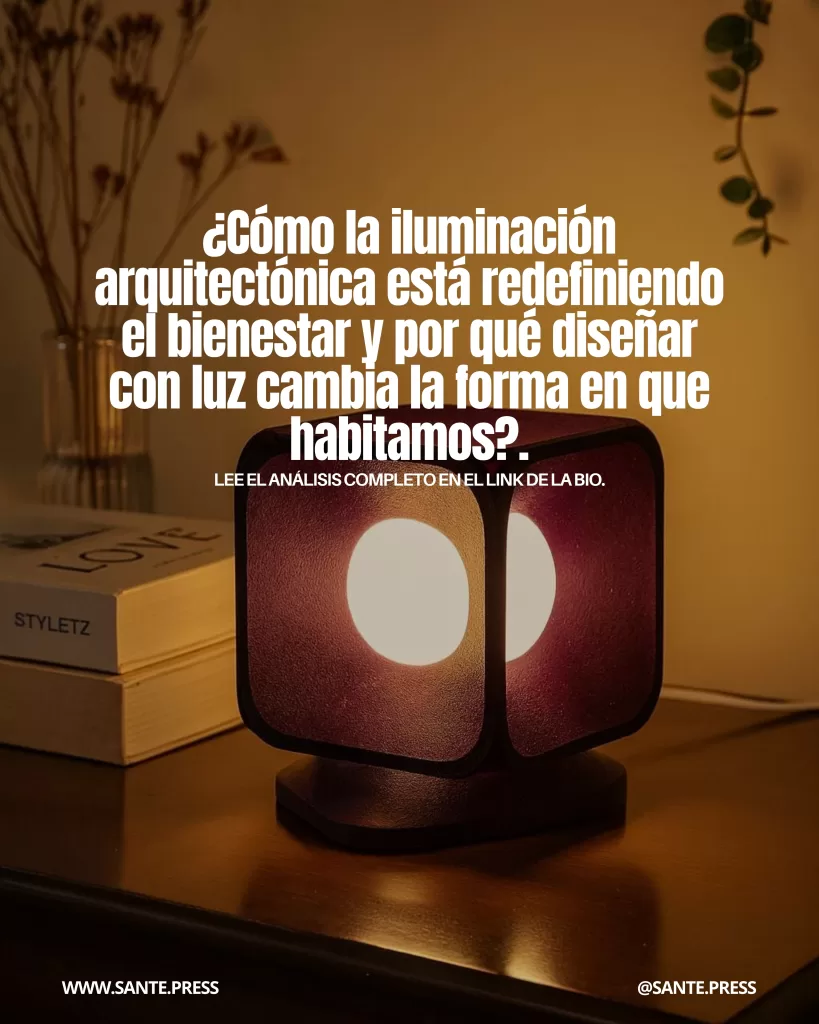 Lámpara de mesa moderna con dos luces circulares sobre un escritorio junto a libros y decoración minimalista.