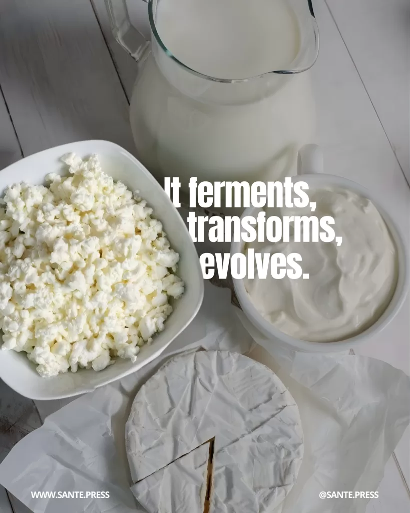 Top view of fermented products such as kefir, yogurt, and soft cheese on a white table. Text: “It ferments, transforms, and evolves.”