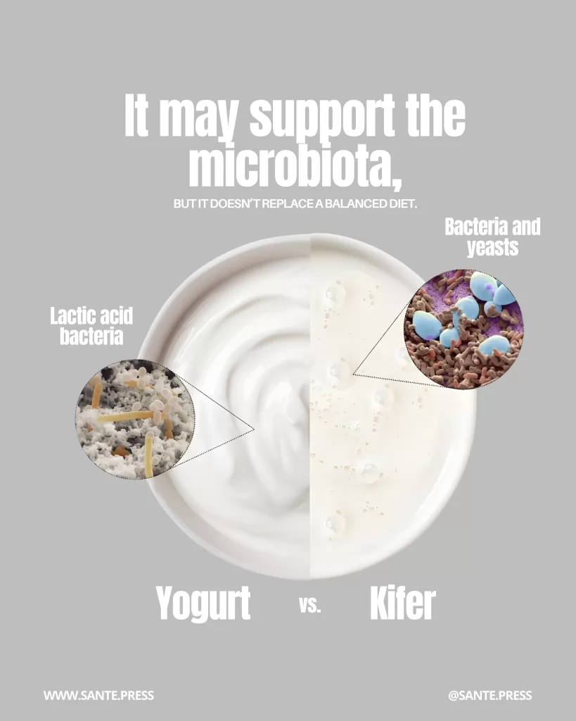 Comparative image of yogurt and kefir with graphics representing bacteria and yeasts. Text: “It may support the microbiota, but it doesn’t replace a balanced diet. Yogurt vs. Kefir.”