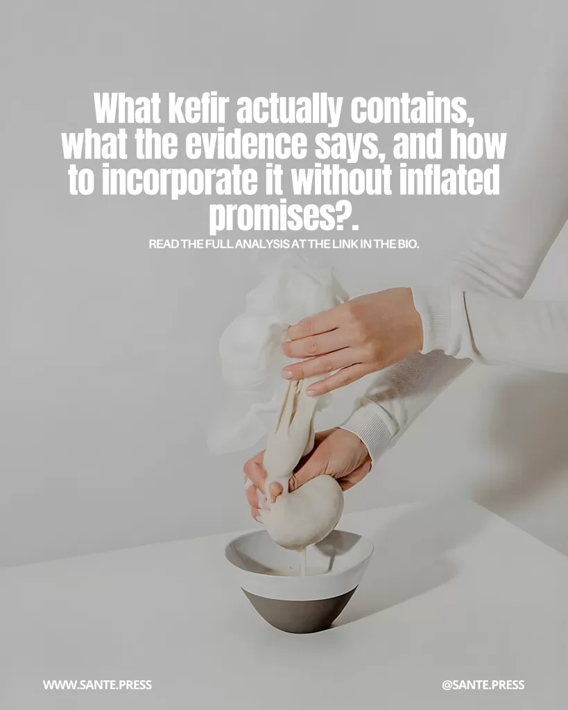 Person squeezing kefir grains through a straining cloth over a bowl. Text: “What does kefir actually contain, what does the evidence say, and how can you incorporate it without inflated promises? Read the full analysis at the link in the bio.”