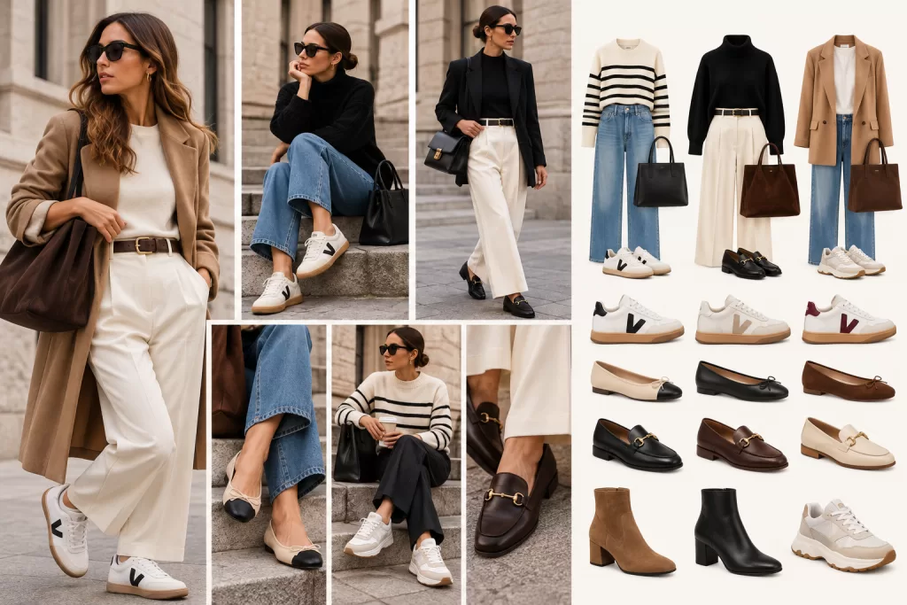 Collage urbano de zapatos elegantes y comodos