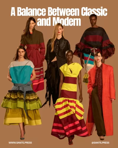 A collection showcasing iconic design elements with structured tailoring, voluminous skirts, and a refined color palette of deep greens.