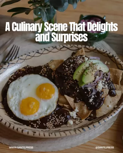 A vibrant collage of Mexico City's culinary scene featuring ceviche, chilaquiles, and Enrique Olvera's innovative dishes.
