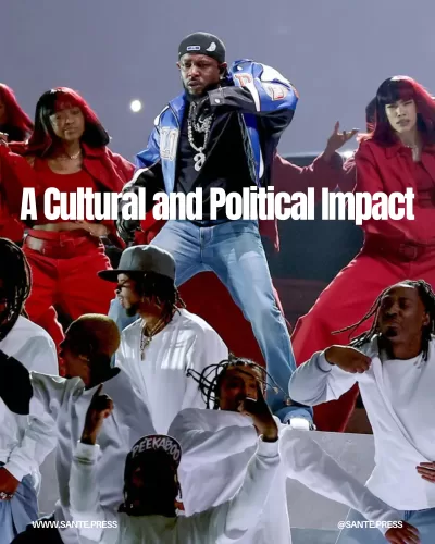 Lamar performs at the Super Bowl with dancers in red, white, and blue, featuring Samuel L. Jackson, SZA, and Serena Williams.