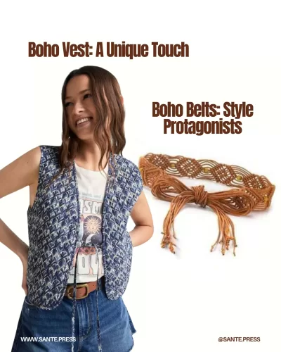 A stylish boho vest featuring unique textures like crochet and suede, adorned with fringes and embroidery for a relaxed look.