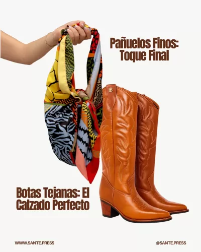 Botas tejanas de caña alta en cuero, ideales para un look boho chic, combinan con faldas y pantalones, añadiendo estilo rústico.