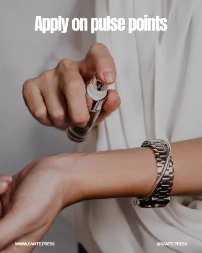 Apply perfume to pulse points like wrists, inner elbows, nape, and behind knees for gradual fragrance release.