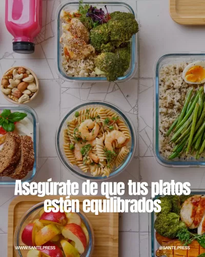 Imagen que ilustra una dieta equilibrada con proteínas, carbohidratos, grasas saludables y fibra para perder peso saludablemente.
