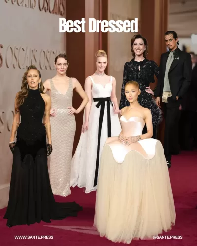 A collage of Oscar 2025 red carpet looks, showcasing stars in elegant and original outfits by top designers like Ralph Lauren and Dior.