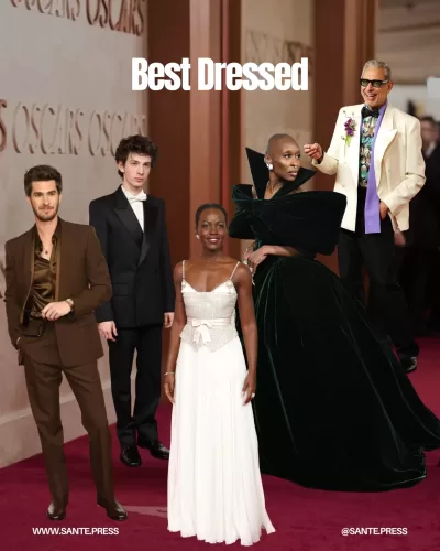 A collage of Oscar 2025 red carpet looks, showcasing elegance and originality from stars like Selena Gomez and Timothée Chalamet.