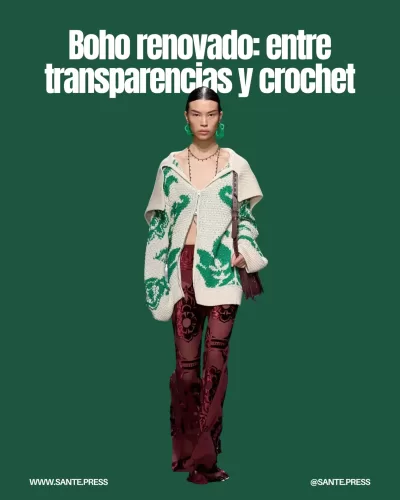 Pantalones boho con transparencias y bordados, combinados con blusas y accesorios, ideales para eventos al aire libre y festivales.