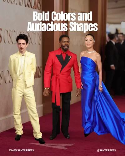 Vibrant colors dominated the night, with Michelle Yeoh in cobalt blue, Coco Gauff in cascading yellow, and Timothée Chalamet in butter yellow leather.