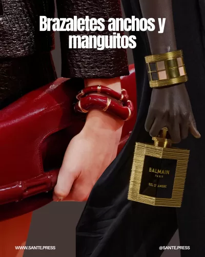 Brazaletes extragrandes de Miu Miu, Fendi y Schiaparelli, ideales para muñeca, antebrazo o sobre la manga, añaden sofisticación.