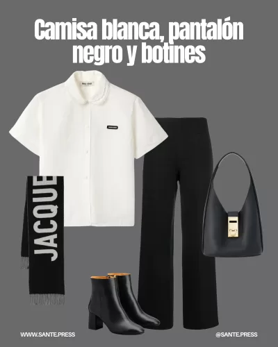 Camisa blanca básica combinada con pantalones negros, bufanda llamativa, botines y bolso de diseño especial para un look equilibrado.