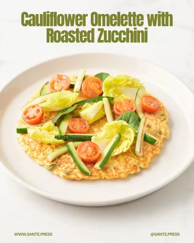 Cauliflower and roasted zucchini tortilla, a low-carb, high-fiber dinner option made with simple, nutritious ingredients.