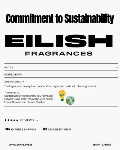 Your Turn fragrance, led by Frank Voelkl, is clean, vegan, and eco-friendly, reflecting Billie Eilish's commitment to sustainability.