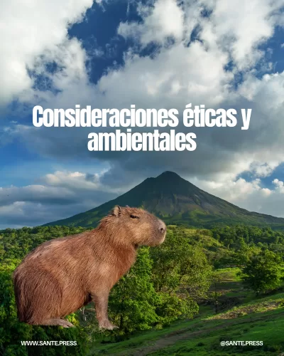 Capibara o Carpincho en un paisaje natural con volcán al fondo, destacando preocupaciones éticas y ambientales.