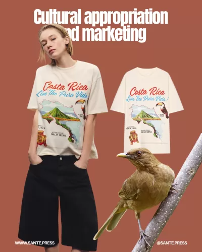 A juxtaposition of commercial imagery and cultural reality in Costa Rica, highlighting the tucán over the national yigüirro.