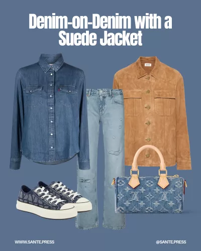 A stylish denim outfit complemented by a suede jacket, adding sophistication and depth to the overall look effortlessly.