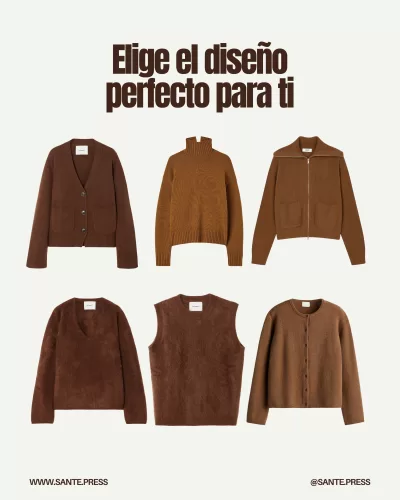 Jersey chocolate invierno 2025, ideal con tonos neutros o vibrantes. Combina con negro para elegancia o dorado para lujo.