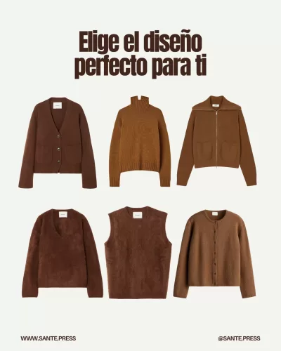 Jersey chocolate invierno 2025, ideal con tonos neutros o vibrantes. Combina con negro para elegancia o dorado para lujo.