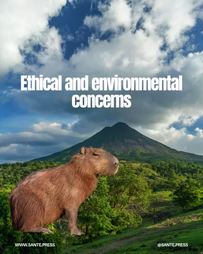 Capybara standing in a lush landscape with a volcano, symbolizing ethical and environmental issues.