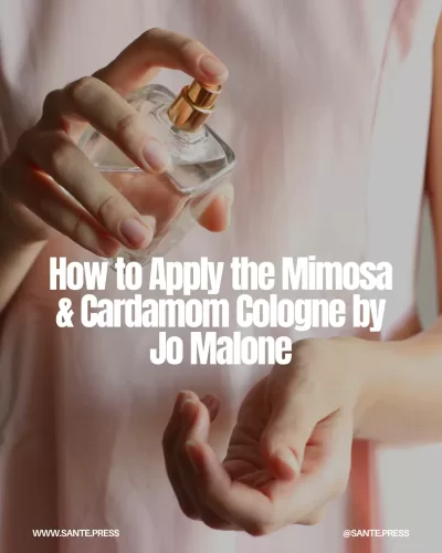 Instructions for applying Jo Malone's Mimosa & Cardamom Cologne: spray 20 cm from wrists, neck, or behind ears for best results.