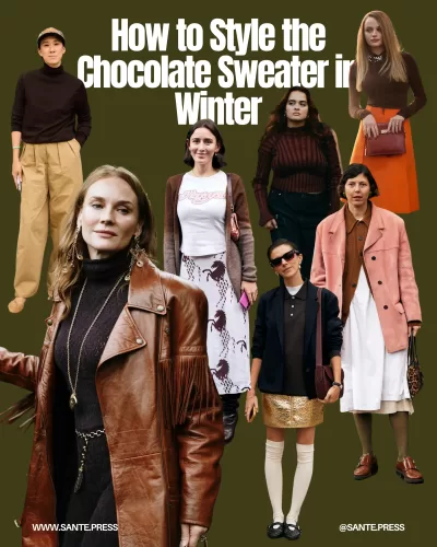 Chocolate sweater for winter 2025, versatile for casual or sophisticated looks, perfect for cold days with various styling options.