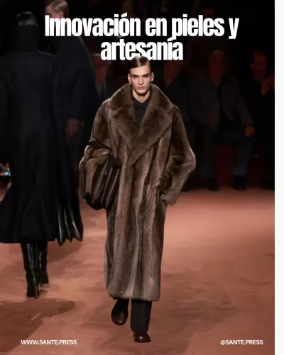 Fendi presenta una colección innovadora con pieles, destacando abrigos sin cuello y vestidos con estolas desmontables.