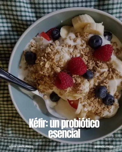 Kéfir, un alimento fermentado rico en probióticos, mejora la salud intestinal y aporta proteínas, calcio y vitaminas B.