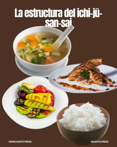 Modelo tradicional de cena japonesa: sopa, pescado, vegetales, tofu y arroz, equilibrando nutrientes y sabores.