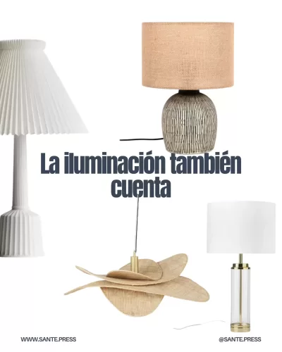 Iluminación renovada con lámparas de ratán y portátiles, creando ambientes únicos y acogedores en cada habitación.