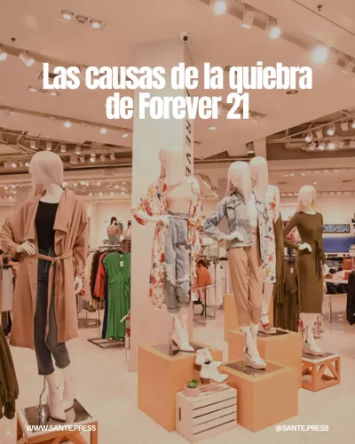 Gráfica que ilustra la quiebra de Forever 21, destacando costos crecientes y competencia de comercio electrónico como Temu y Shein.