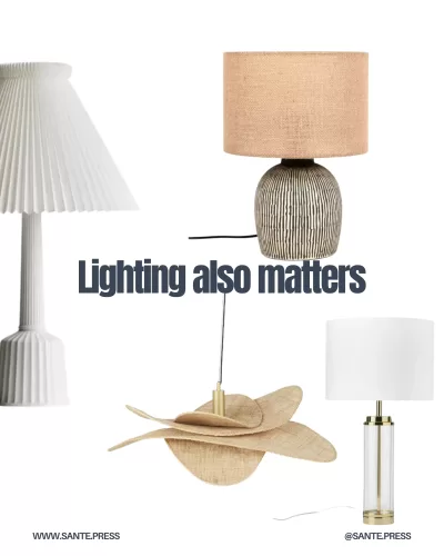 A cozy room featuring rattan lamps and patterned lamp shades, enhancing the ambiance with stylish lighting details.