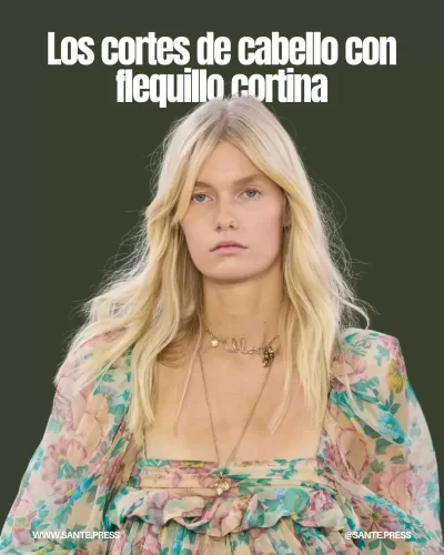 El flequillo cortina, popular entre celebridades, enmarca el rostro y ofrece un look bohemio y relajado con poco mantenimiento.