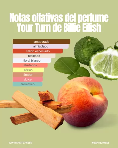 Fragancia compleja con bergamota, cardamomo, jengibre, durazno, jazmín, sándalo y almizcles, que evoluciona con el tiempo.