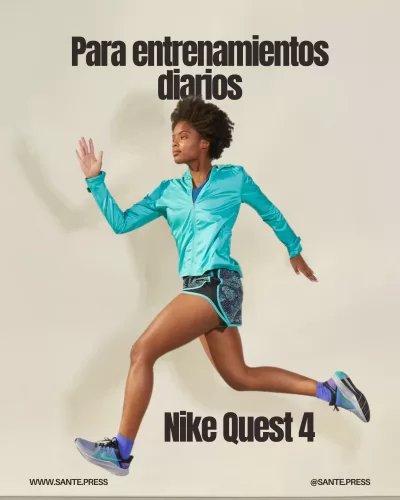 Zapatillas Nike Quest 4 para corredoras, ofrecen estabilidad, comodidad y transpirabilidad en entrenamientos diarios.