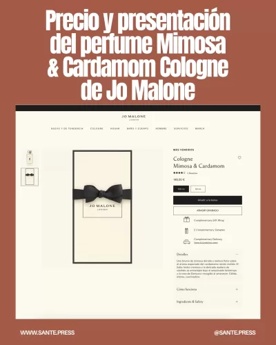 Frasco elegante de vidrio con detalles plateados del perfume Mimosa & Cardamom de Jo Malone, disponible en 100 ml y 30 ml.