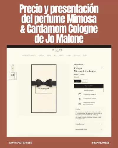 Frasco elegante de vidrio con detalles plateados del perfume Mimosa & Cardamom de Jo Malone, disponible en 100 ml y 30 ml.