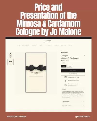 Jo Malone Mimosa & Cardamom Cologne in a sleek glass bottle with silver accents, available in 100ml and 30ml travel sizes.