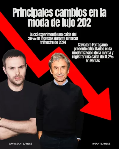 Sabato De Sarno deja Gucci tras caída del 26% en ingresos; Marco Gobbetti renuncia a Ferragamo por dificultades en modernización.
