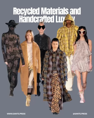 Collina Strada's Fall 2025 collection features upcycled cotton sweaters, recycled wool coats, and floral silk dresses, showcasing eco-conscious design.