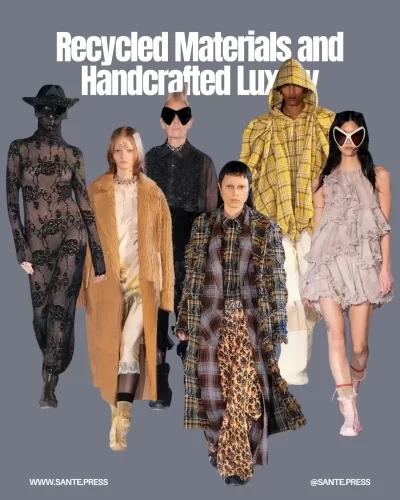 Collina Strada's Fall 2025 collection features upcycled cotton sweaters, recycled wool coats, and floral silk dresses, showcasing eco-conscious design.