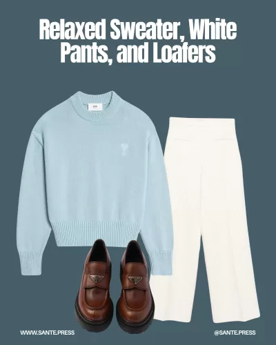 Relaxed-fit sweater with a deep neckline, paired with white pants or jeans and classic loafers for a fresh, sophisticated look.