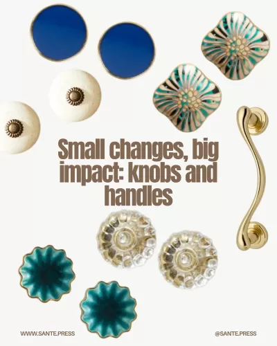 Modern cabinet knobs from brands like Zara and Anthropologie can transform simple furniture into stylish pieces.